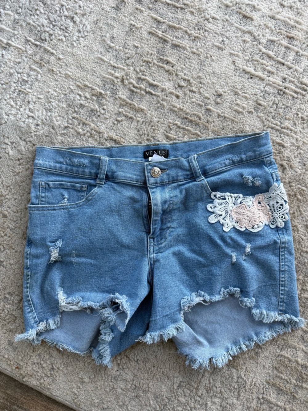 VENUS Light Blue Distressed Denim Shorts with Lace Patch